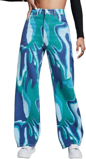 WDIRARA Women's Cow Print Ripped Jeans High Waisted Button Skinny Denim Pants