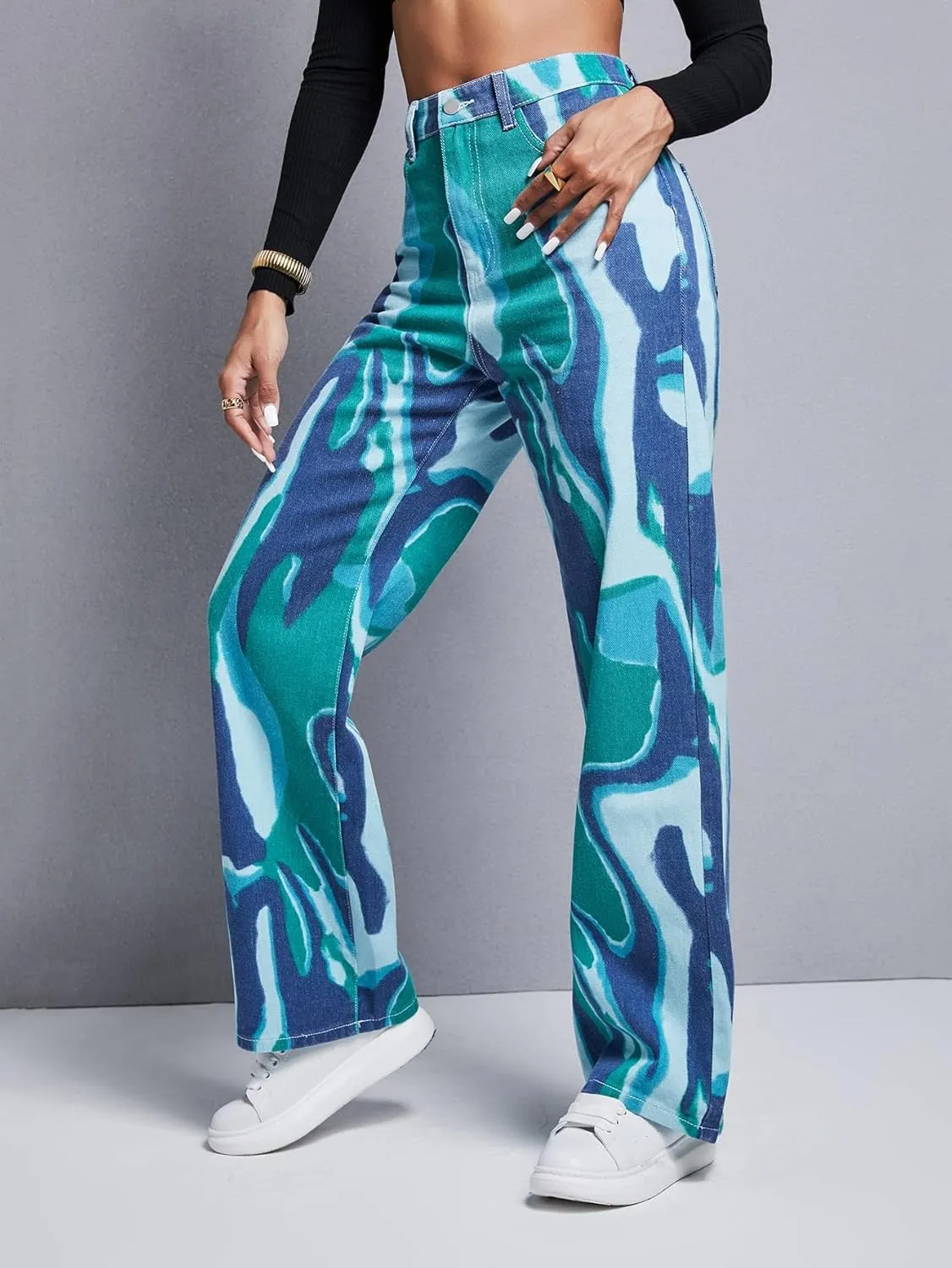 WDIRARA Women's Cow Print Ripped Jeans High Waisted Button Skinny Denim Pants