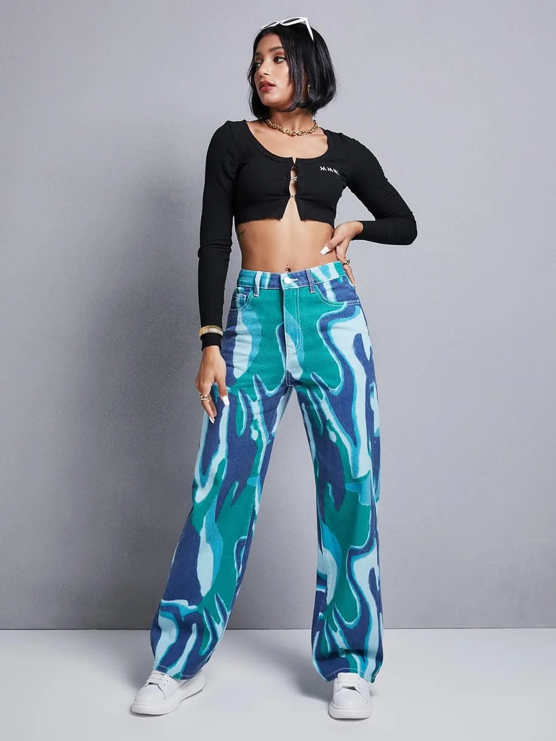 WDIRARA Women's Cow Print Ripped Jeans High Waisted Button Skinny Denim Pants