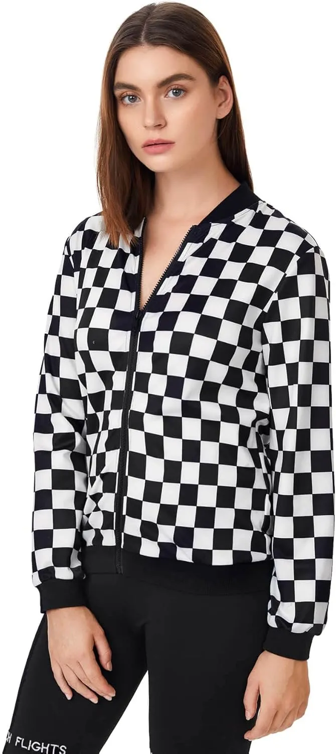 WDIRARA Women's Zip Front Plaid Print Long Sleeve Stand Collar Casual Jacket