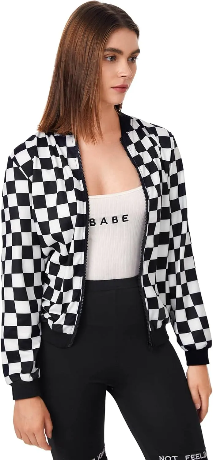 WDIRARA Women's Zip Front Plaid Print Long Sleeve Stand Collar Casual Jacket