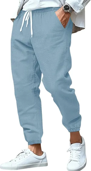 WENKOMG1 Cotton Linen Pants for Men Summer Ankle Length Tapered Elastic Waist Casual Pants Lightweight Breathable Joggers