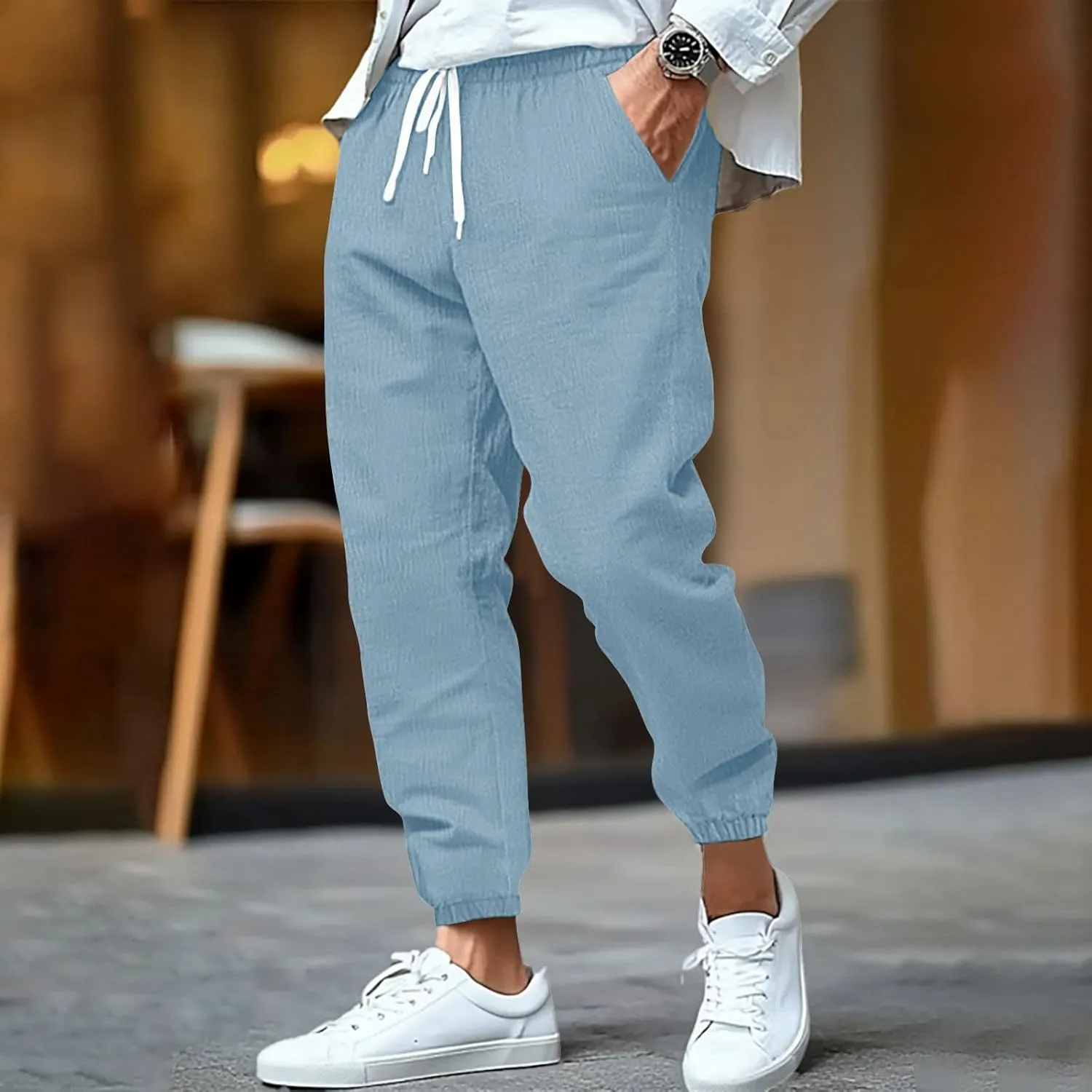 WENKOMG1 Cotton Linen Pants for Men Summer Ankle Length Tapered Elastic Waist Casual Pants Lightweight Breathable Joggers