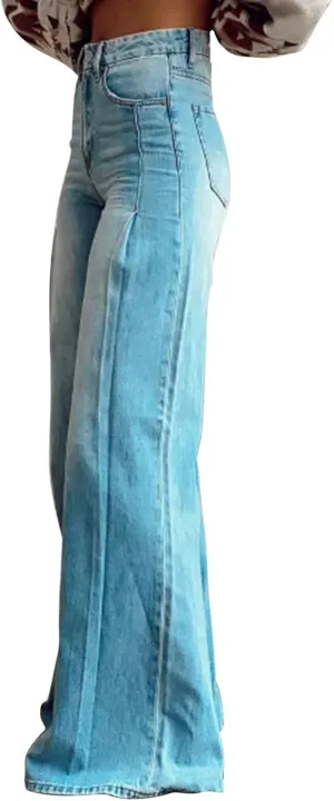 Wide Leg Flare Jeans for Women with Pocket Baggy Pants Vintage Floral Print Jeans for Women High Waisted Loose Pant