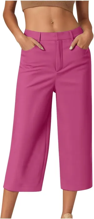 Wide Leg Pants for Women Trendy High Waisted Flare Cropped Capri Pull On Pants Stretchy Baggy with Pockets
