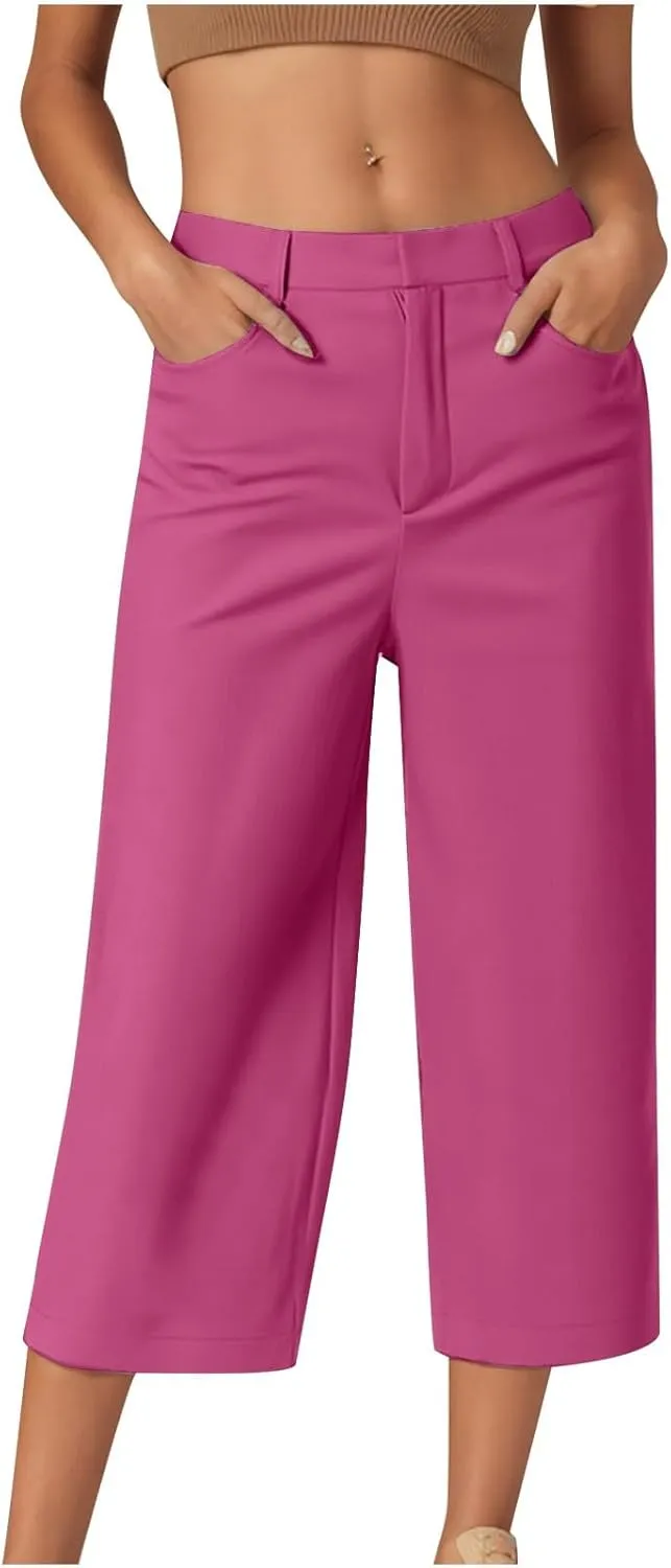 Wide Leg Pants for Women Trendy High Waisted Flare Cropped Capri Pull On Pants Stretchy Baggy with Pockets