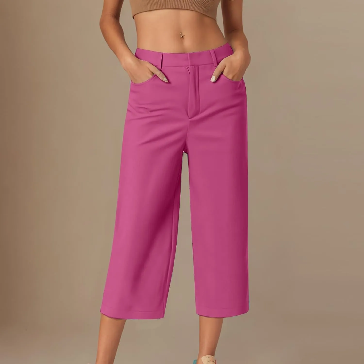 Wide Leg Pants for Women Trendy High Waisted Flare Cropped Capri Pull On Pants Stretchy Baggy with Pockets