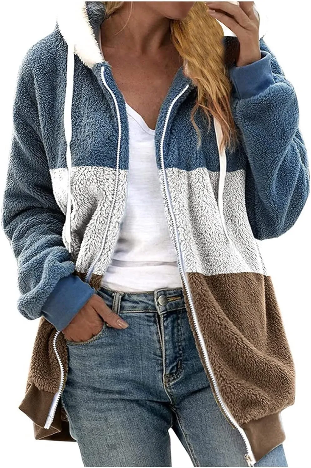 Winter Coats For Women,Women Fleece Hooded Jacket Warm Fuzzy Fluffy Sherpa Jacket Two Pockets Coat Outwear