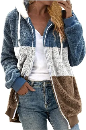 Winter Coats For Women,Women Fleece Hooded Jacket Warm Fuzzy Fluffy Sherpa Jacket Two Pockets Coat Outwear