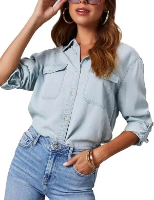 Women Button Down Chambray Denim Shirt Collared Long Sleeve Blouse Business Casual Tops with Pockets