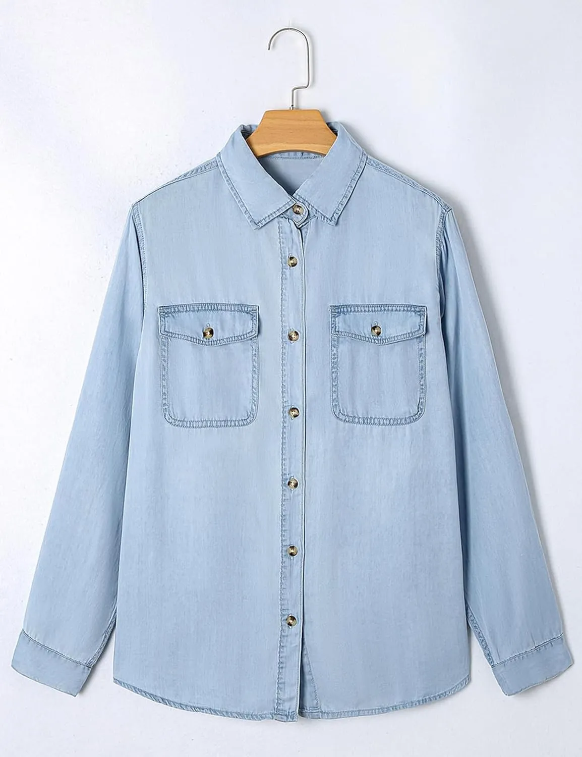 Women Button Down Chambray Denim Shirt Collared Long Sleeve Blouse Business Casual Tops with Pockets
