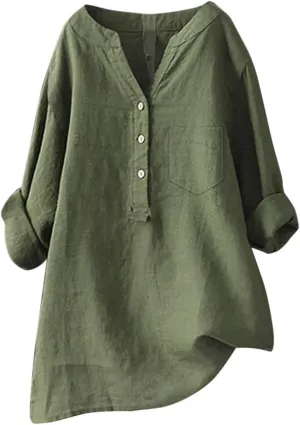 Women Casual V Neck Stand Up Collar Button Cotton Shirts Long Sleeve Loose Fit Blouse Tunic Top with Pockets