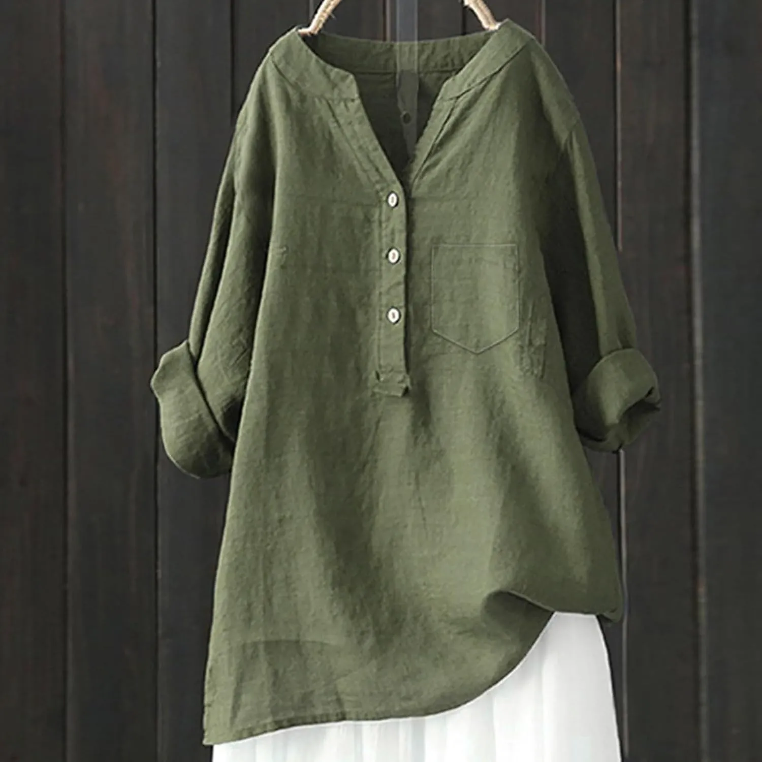 Women Casual V Neck Stand Up Collar Button Cotton Shirts Long Sleeve Loose Fit Blouse Tunic Top with Pockets