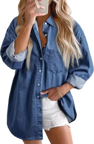 Women Denim Shirts Button Down Blouse V Neck Casual Tops Light Weight Button Down Shirts for Women 2025 Trendy