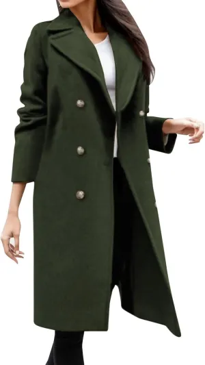 Women Elegant Trench Coats Trendy Double Breasted Wool Blend Long Solid Jacket Fashion Pockets Lapel Office Outwear