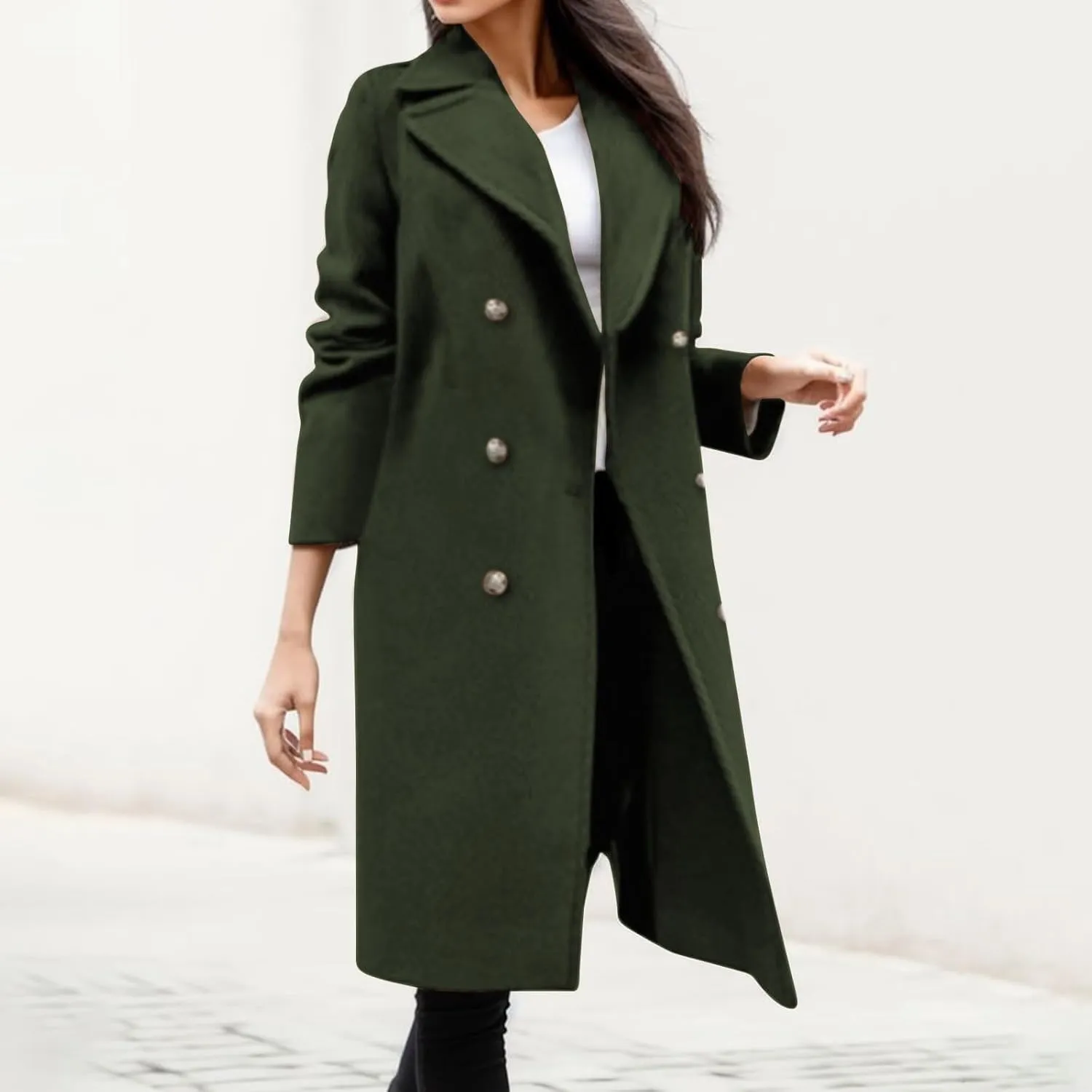 Women Elegant Trench Coats Trendy Double Breasted Wool Blend Long Solid Jacket Fashion Pockets Lapel Office Outwear
