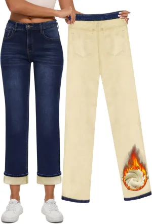 Women Fleece Lined Jeans Women's High Waisted Straight Leg Jeans Winter Fleece Lined Jean Pants