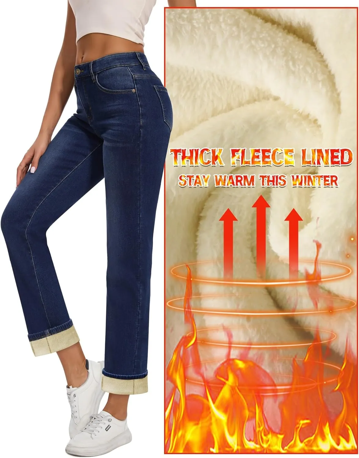 Women Fleece Lined Jeans Women's High Waisted Straight Leg Jeans Winter Fleece Lined Jean Pants