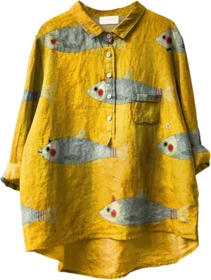 Women Floral Print Linen Shirts Gaze Tops Lapel Neck Button Blouses Long Comfy Tops Summer Casual Drassy Tunic Top