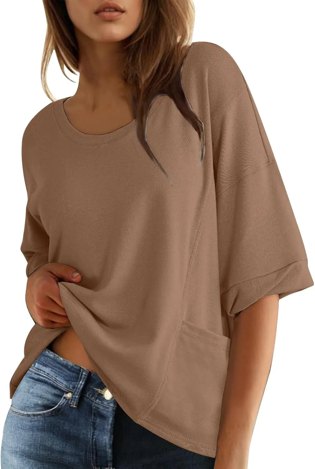 Women Large 3/4 Short Sleeve Crewneck Solid Color T Shirt Tops Summer Fashion Casual Loose Ventilate Daily Top 2025