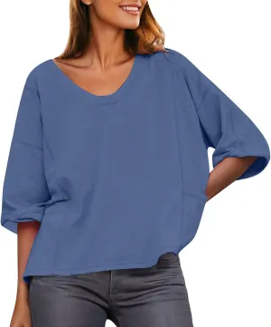 Women Large 3/4 Short Sleeve Crewneck Solid Color T Shirt Tops Summer Fashion Casual Loose Ventilate Daily Top 2025