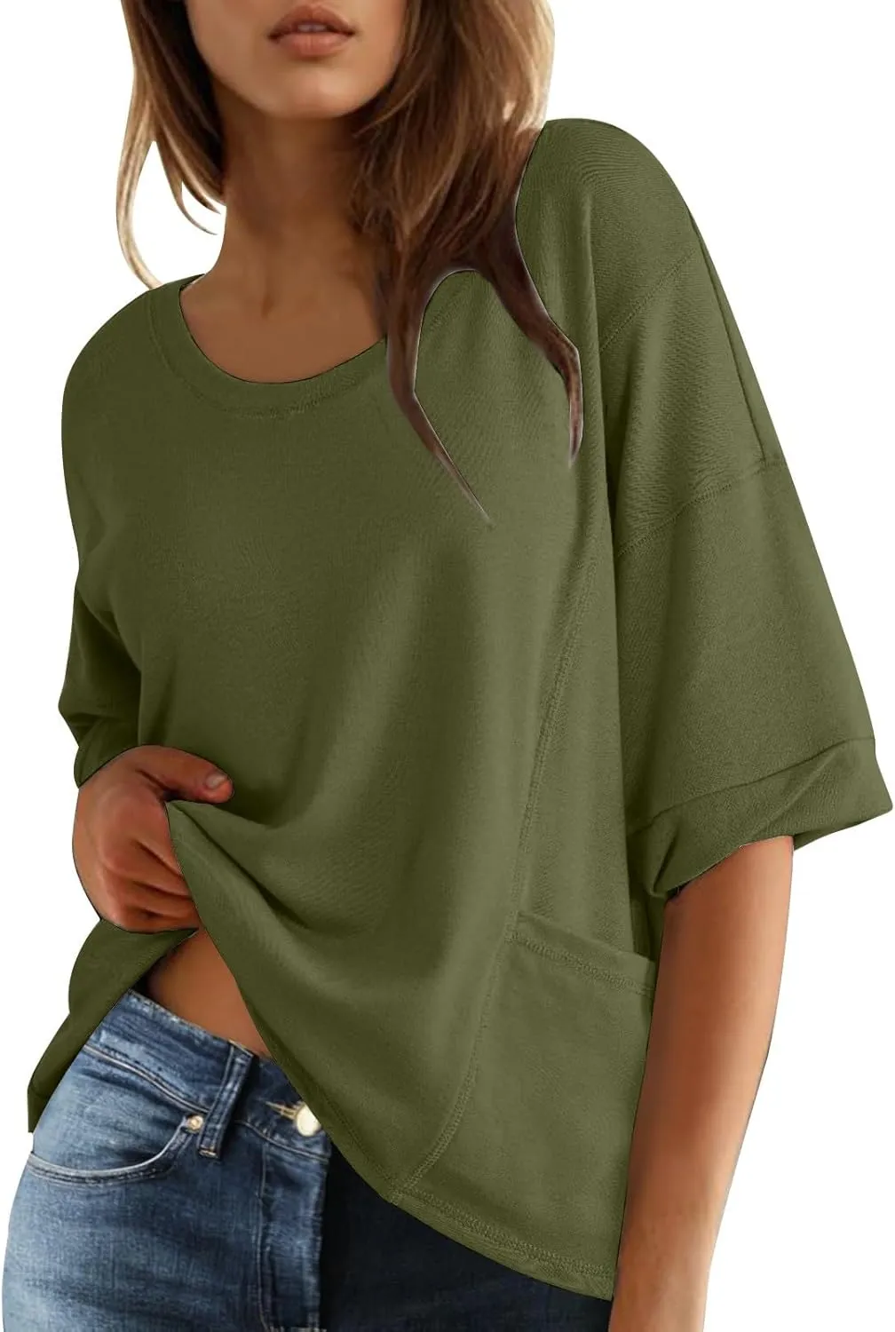 Women Large 3/4 Short Sleeve Crewneck Solid Color T Shirt Tops Summer Fashion Casual Loose Ventilate Daily Top 2025