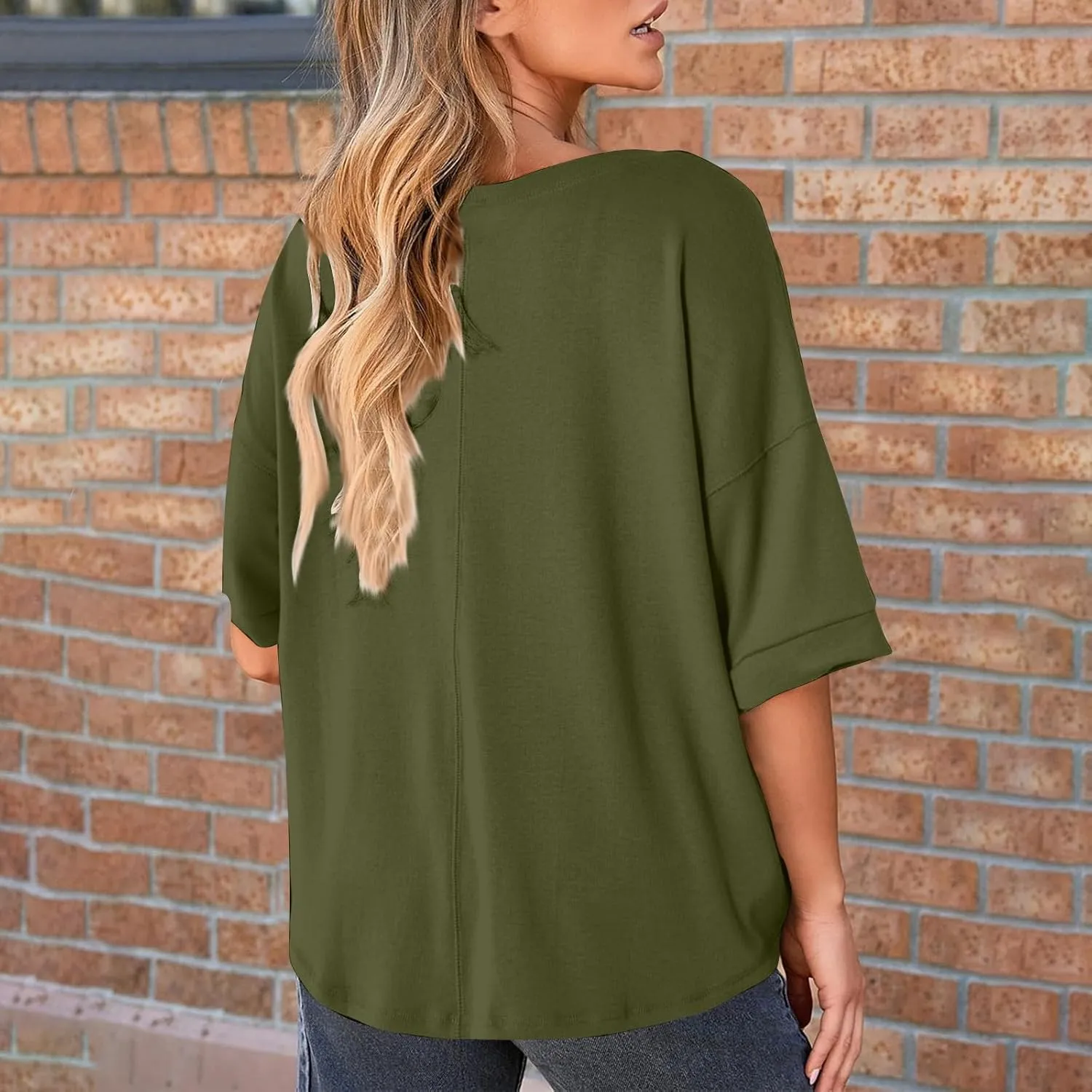 Women Large 3/4 Short Sleeve Crewneck Solid Color T Shirt Tops Summer Fashion Casual Loose Ventilate Daily Top 2025