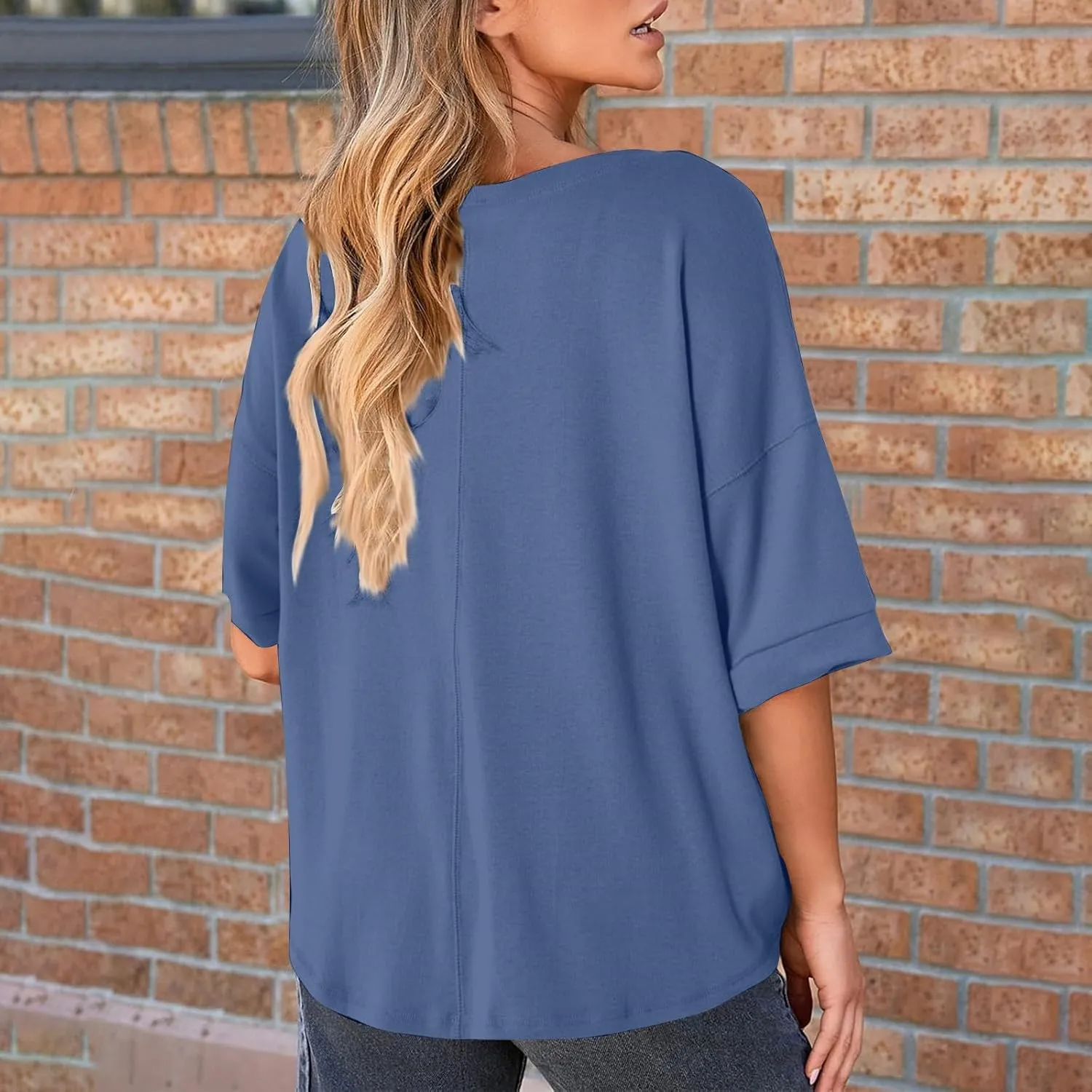 Women Large 3/4 Short Sleeve Crewneck Solid Color T Shirt Tops Summer Fashion Casual Loose Ventilate Daily Top 2025