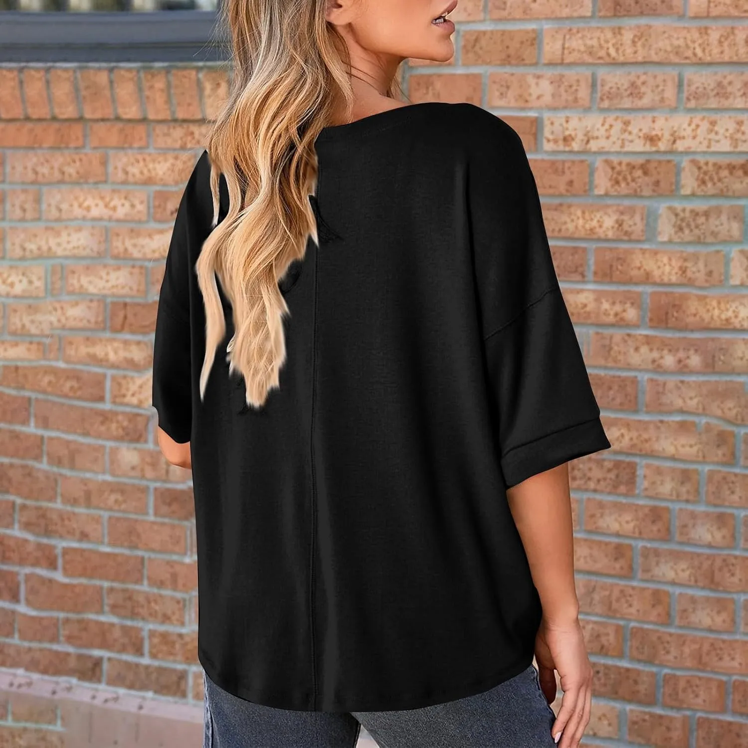 Women Large 3/4 Short Sleeve Crewneck Solid Color T Shirt Tops Summer Fashion Casual Loose Ventilate Daily Top 2025
