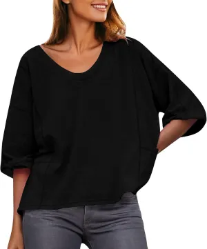Women Large 3/4 Short Sleeve Crewneck Solid Color T Shirt Tops Summer Fashion Casual Loose Ventilate Daily Top 2025