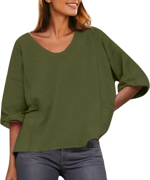 Women Large 3/4 Short Sleeve Crewneck Solid Color T Shirt Tops Summer Fashion Casual Loose Ventilate Daily Top 2025