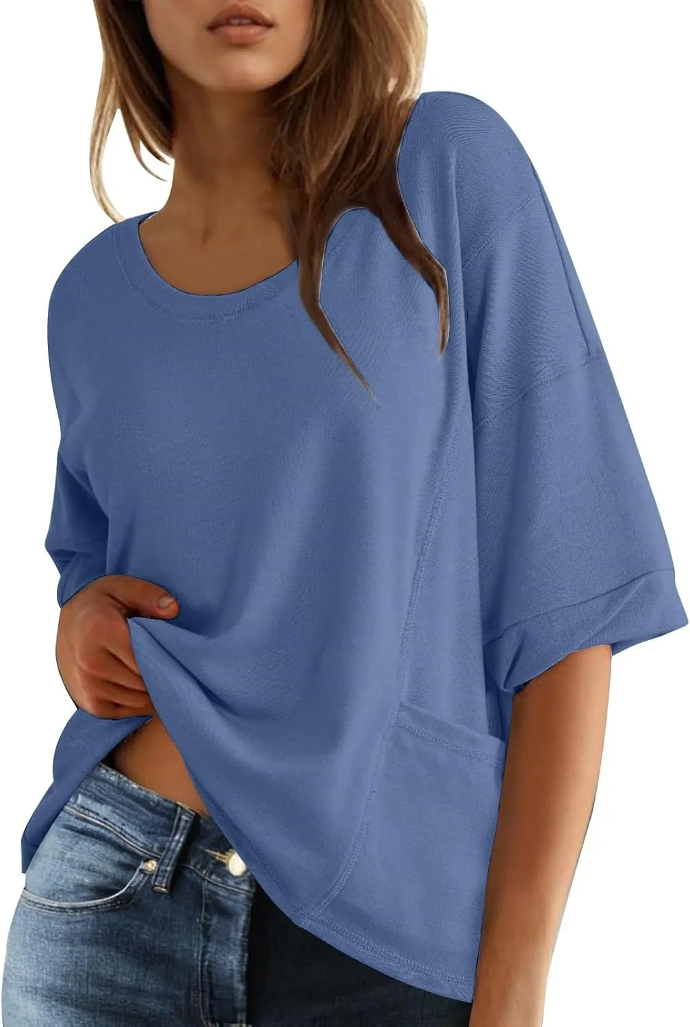 Women Large 3/4 Short Sleeve Crewneck Solid Color T Shirt Tops Summer Fashion Casual Loose Ventilate Daily Top 2025