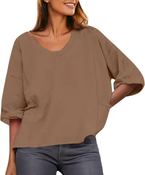Women Large 3/4 Short Sleeve Crewneck Solid Color T Shirt Tops Summer Fashion Casual Loose Ventilate Daily Top 2025