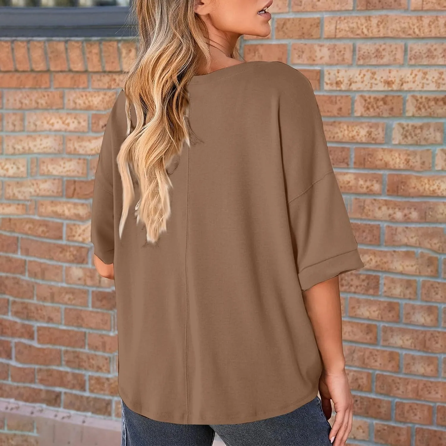 Women Large 3/4 Short Sleeve Crewneck Solid Color T Shirt Tops Summer Fashion Casual Loose Ventilate Daily Top 2025