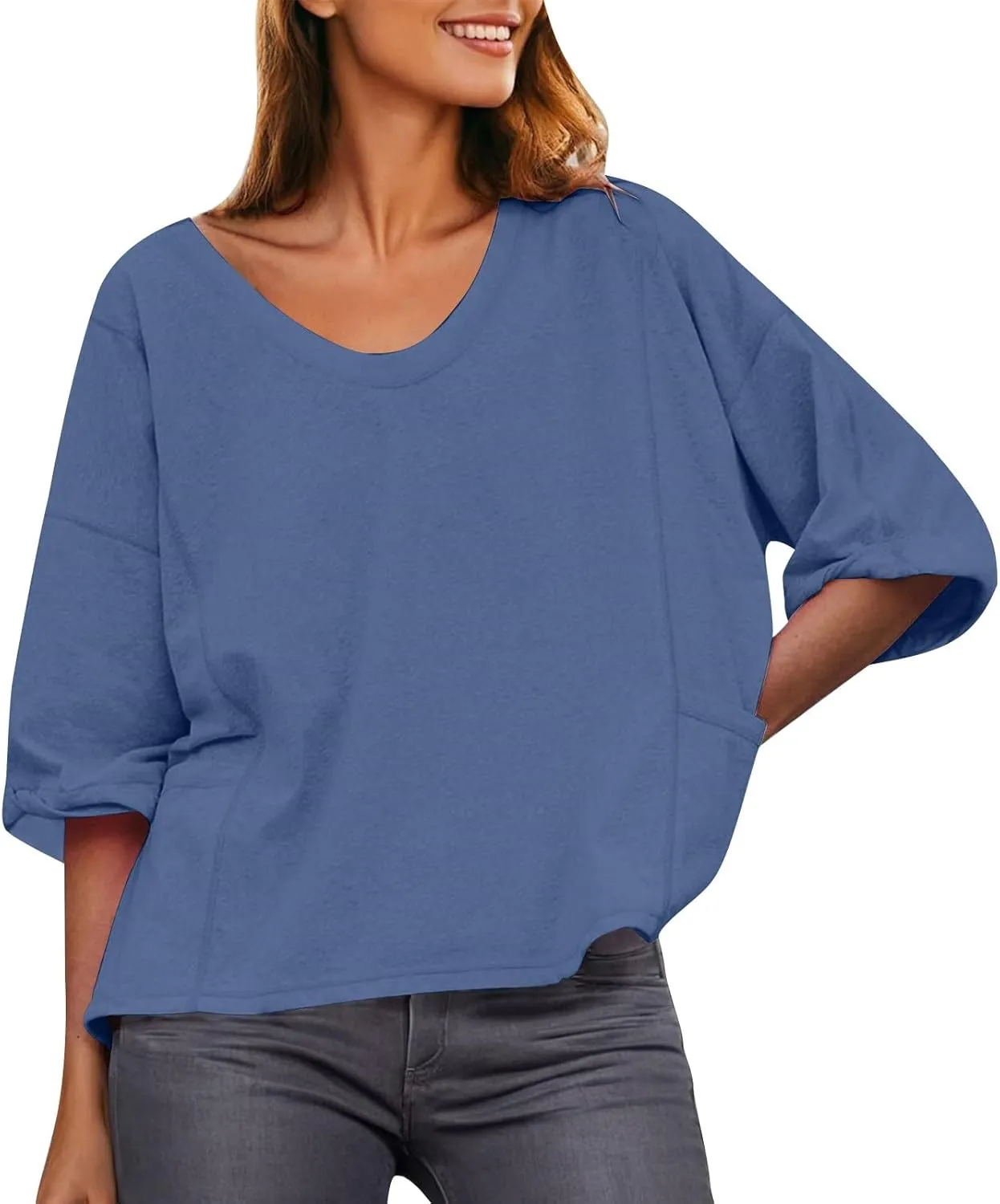 Women Large 3/4 Short Sleeve Crewneck Solid Color T Shirt Tops Summer Fashion Casual Loose Ventilate Daily Top 2025