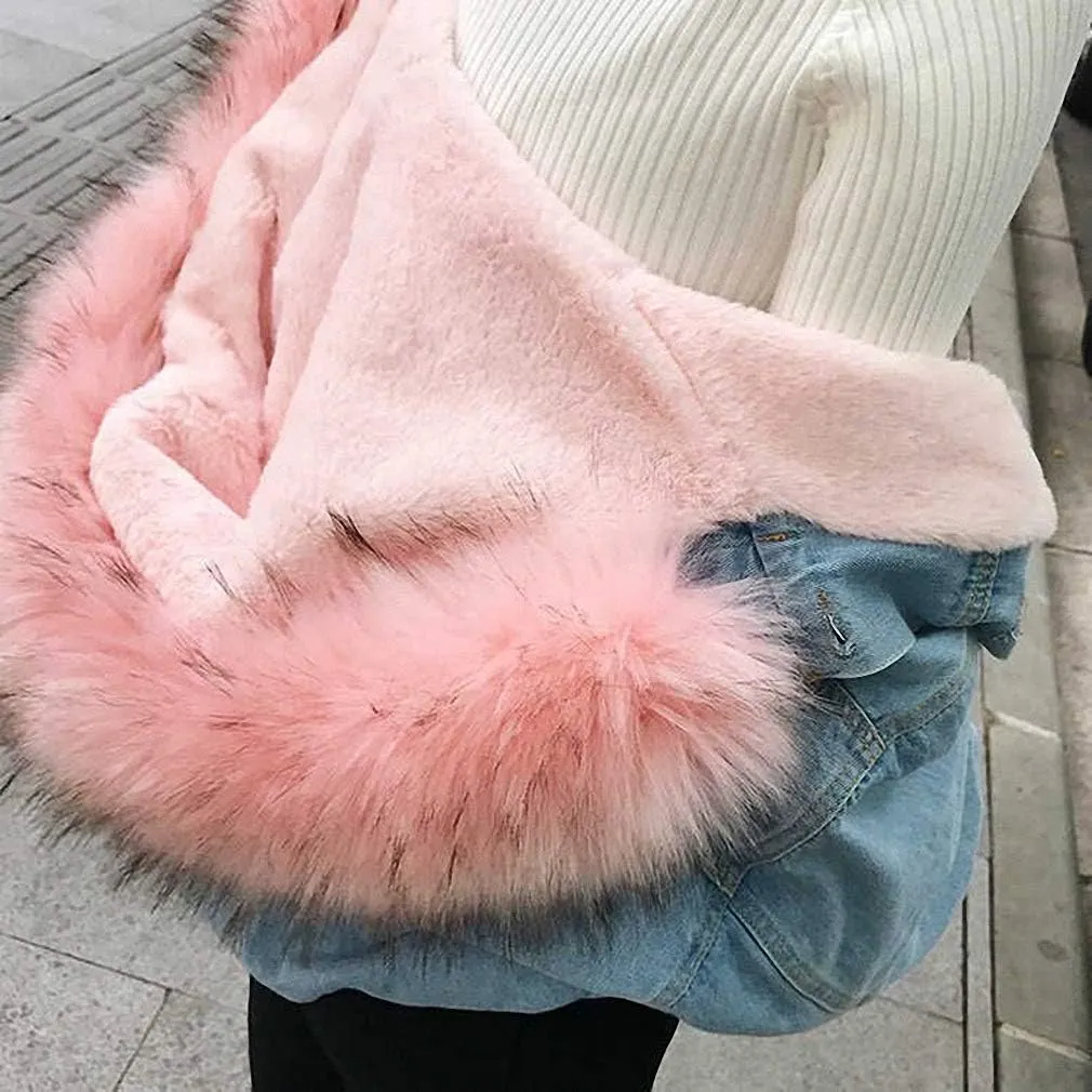 Women Large Fur Collar Hooded Denim Jacket Thicken Velvet Shaggy Loose Bomber Jean Jacket Warm Fleece Lined Cotton-Padded