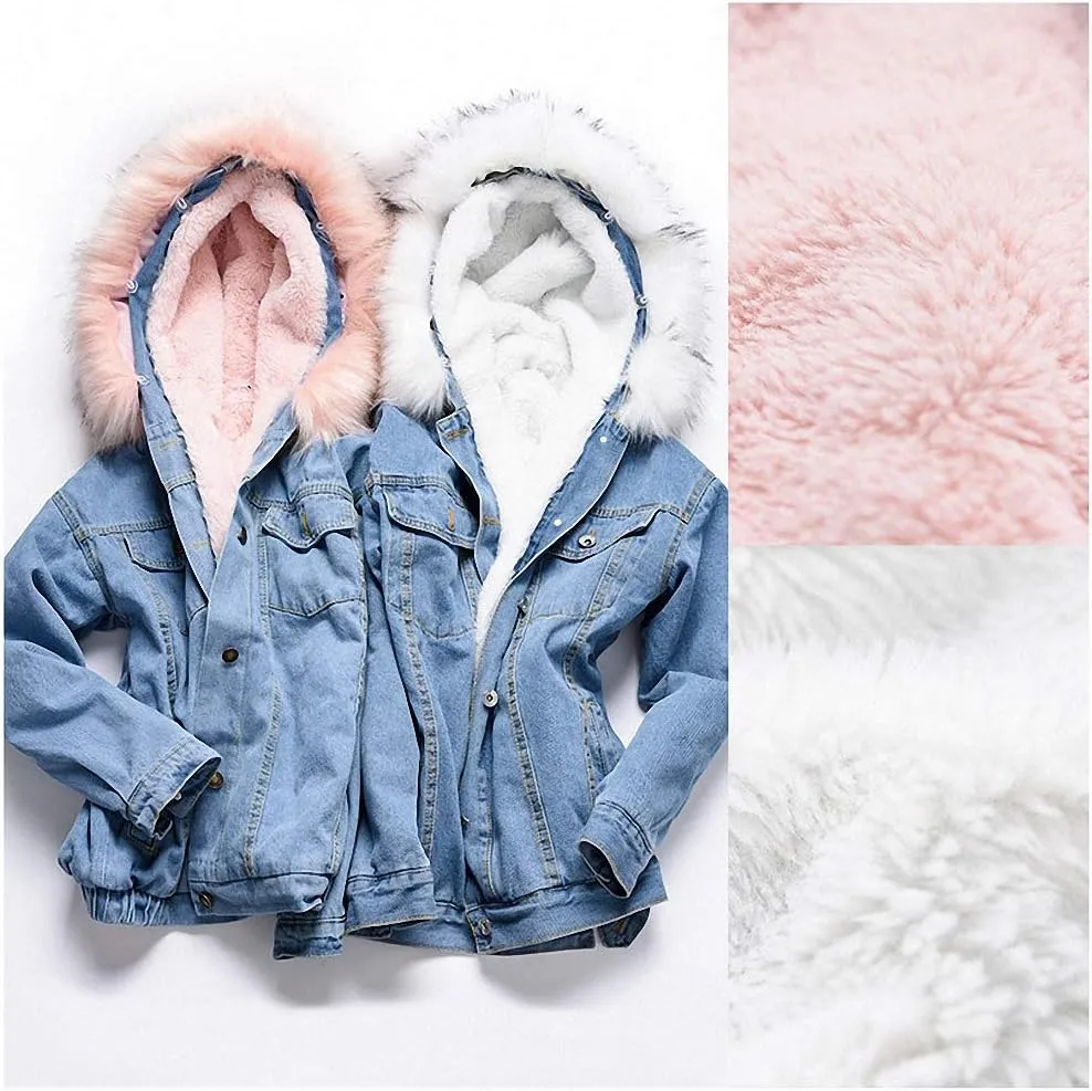 Women Large Fur Collar Hooded Denim Jacket Thicken Velvet Shaggy Loose Bomber Jean Jacket Warm Fleece Lined Cotton-Padded