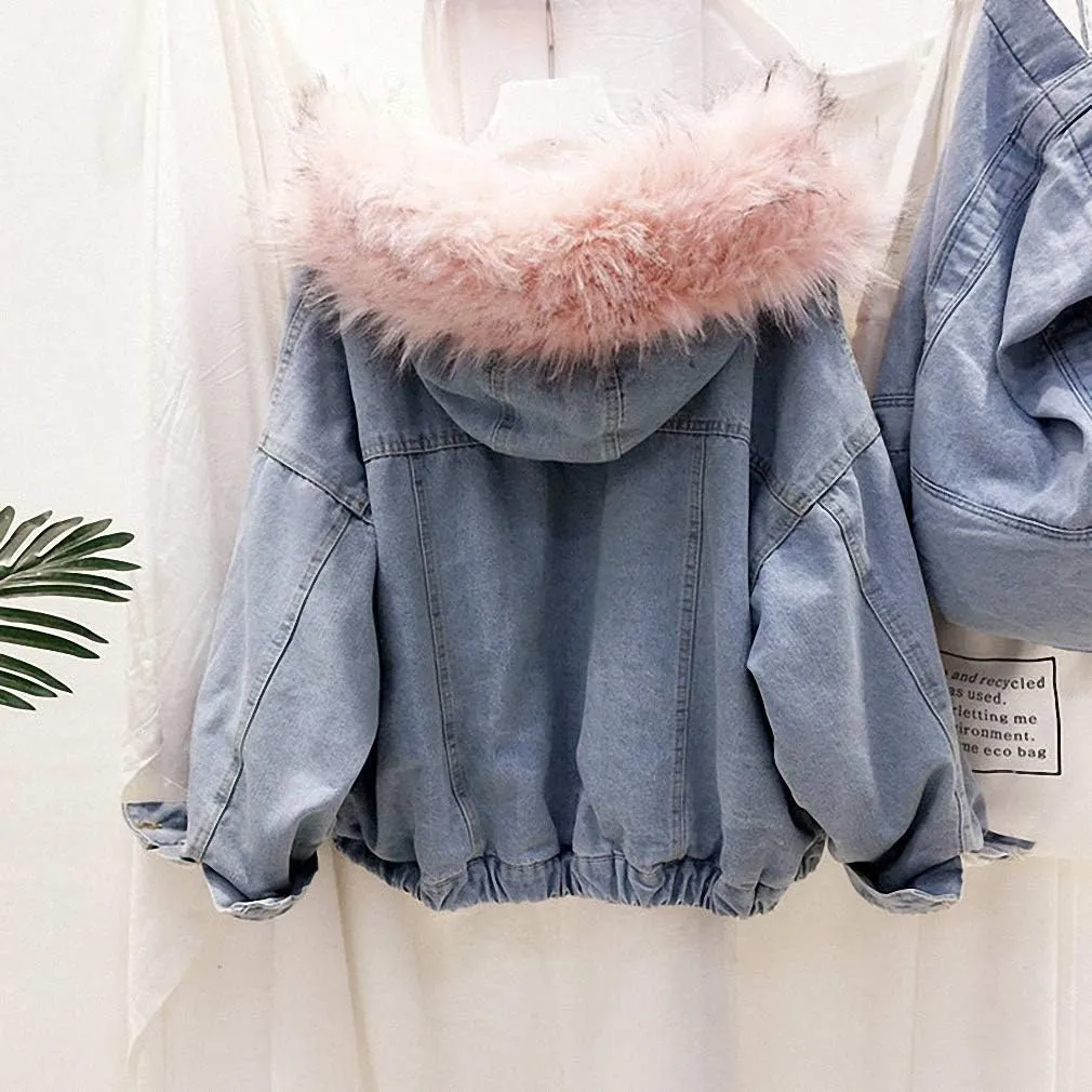 Women Large Fur Collar Hooded Denim Jacket Thicken Velvet Shaggy Loose Bomber Jean Jacket Warm Fleece Lined Cotton-Padded