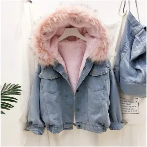 Women Large Fur Collar Hooded Denim Jacket Thicken Velvet Shaggy Loose Bomber Jean Jacket Warm Fleece Lined Cotton-Padded