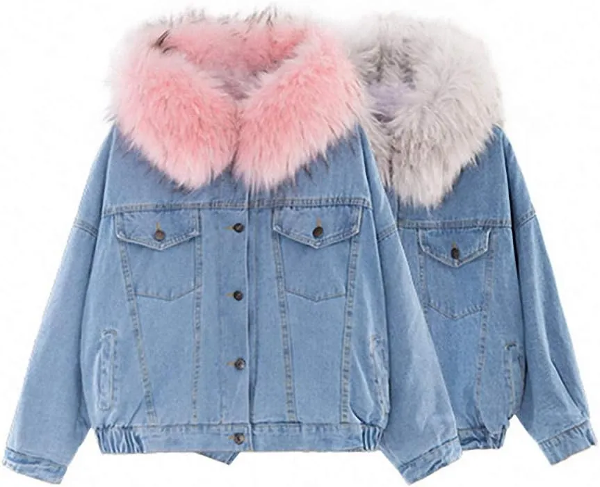 Women Large Fur Collar Hooded Denim Jacket Thicken Velvet Shaggy Loose Bomber Jean Jacket Warm Fleece Lined Cotton-Padded
