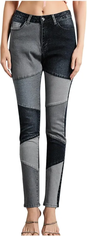 Women Patchwork Straight Leg Jeans High Waisted Stretch Frayed Raw Hem Skinny Slim Fit Vintage Distressed Denim Pants