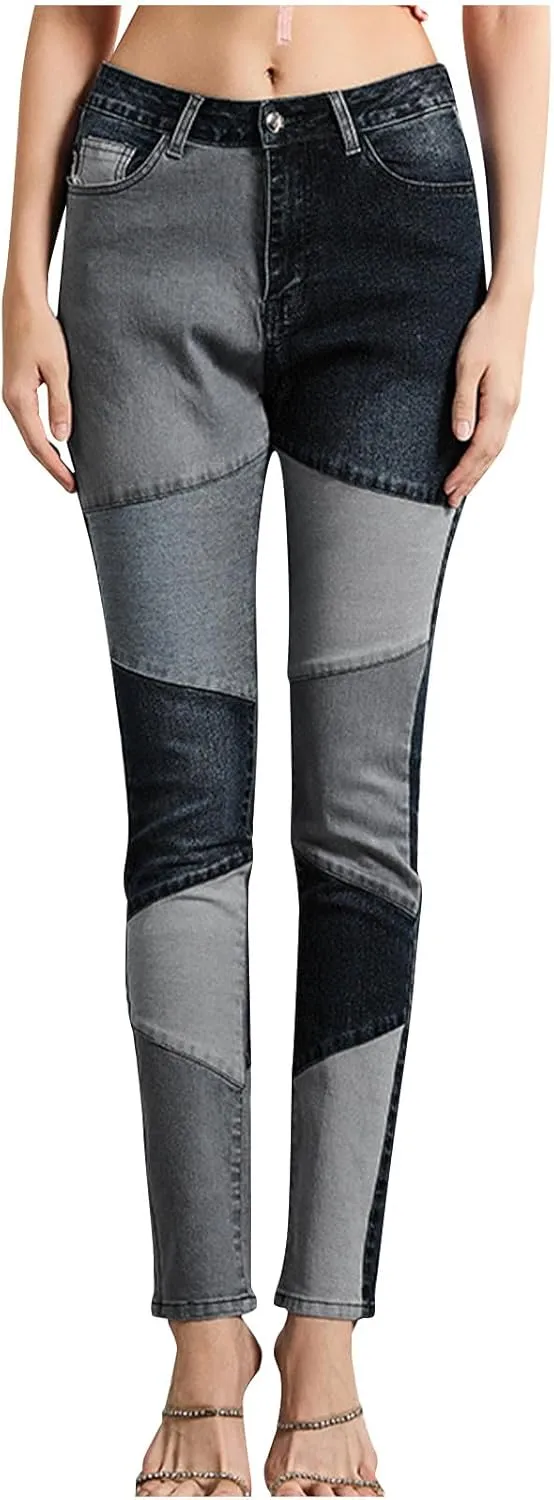 Women Patchwork Straight Leg Jeans High Waisted Stretch Frayed Raw Hem Skinny Slim Fit Vintage Distressed Denim Pants