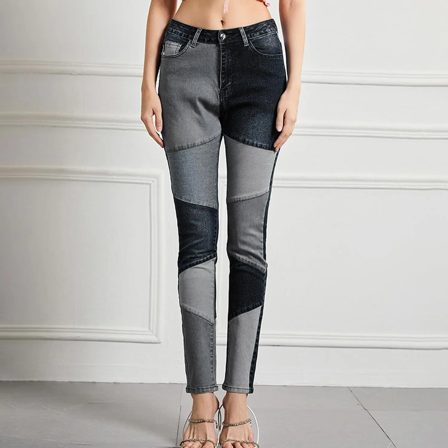 Women Patchwork Straight Leg Jeans High Waisted Stretch Frayed Raw Hem Skinny Slim Fit Vintage Distressed Denim Pants