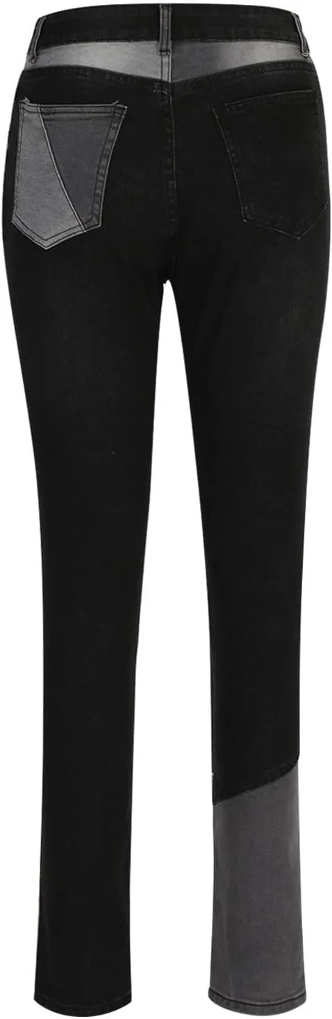 Women Patchwork Straight Leg Jeans High Waisted Stretch Frayed Raw Hem Skinny Slim Fit Vintage Distressed Denim Pants
