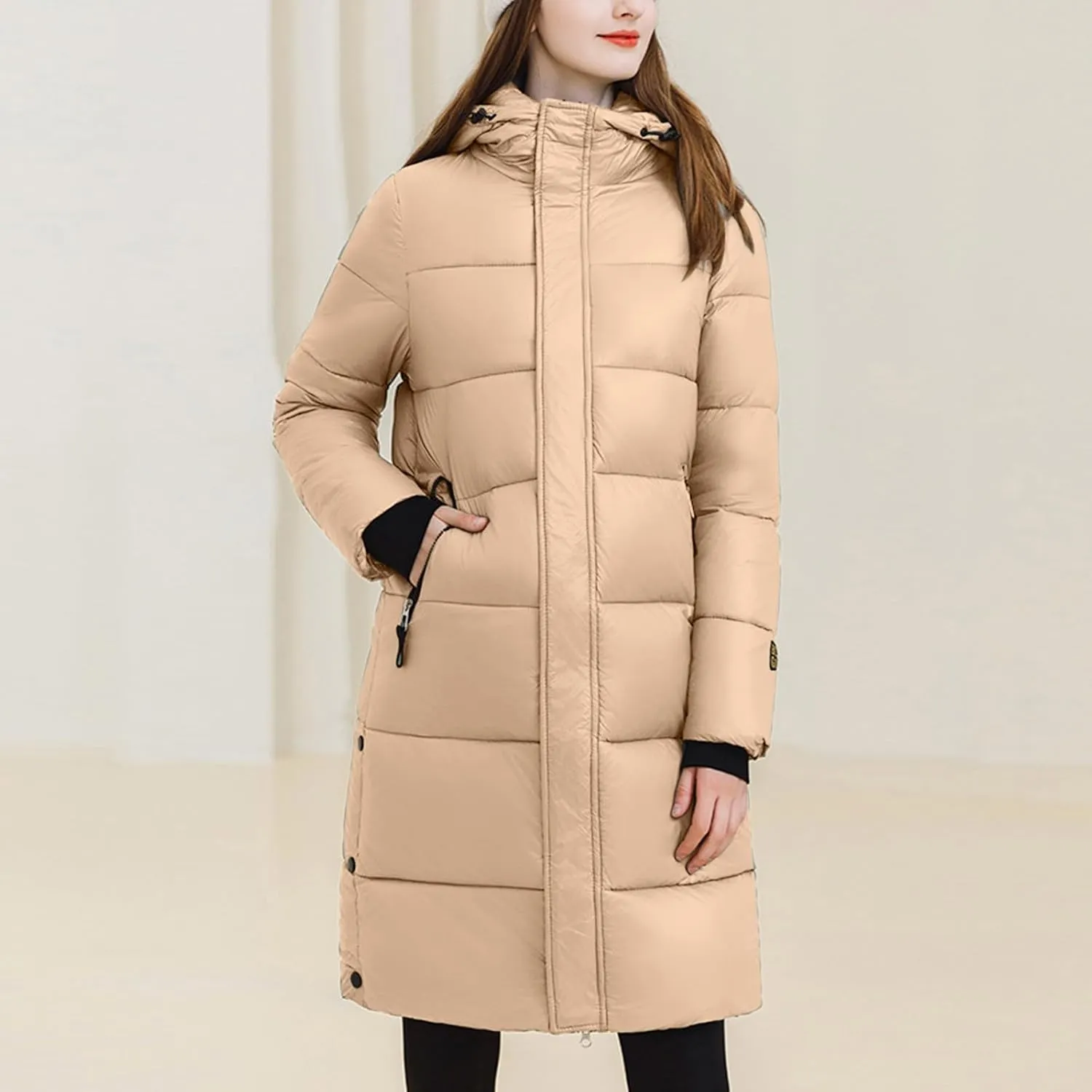 Women Puffer Jacket with Hood Long Fashion Padded Down Coat Casual Thicken Warm Parkas Going Out Outerwear with Pockets