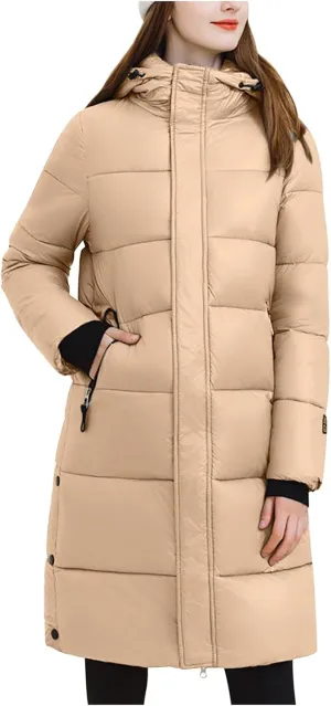 Women Puffer Jacket with Hood Long Fashion Padded Down Coat Casual Thicken Warm Parkas Going Out Outerwear with Pockets