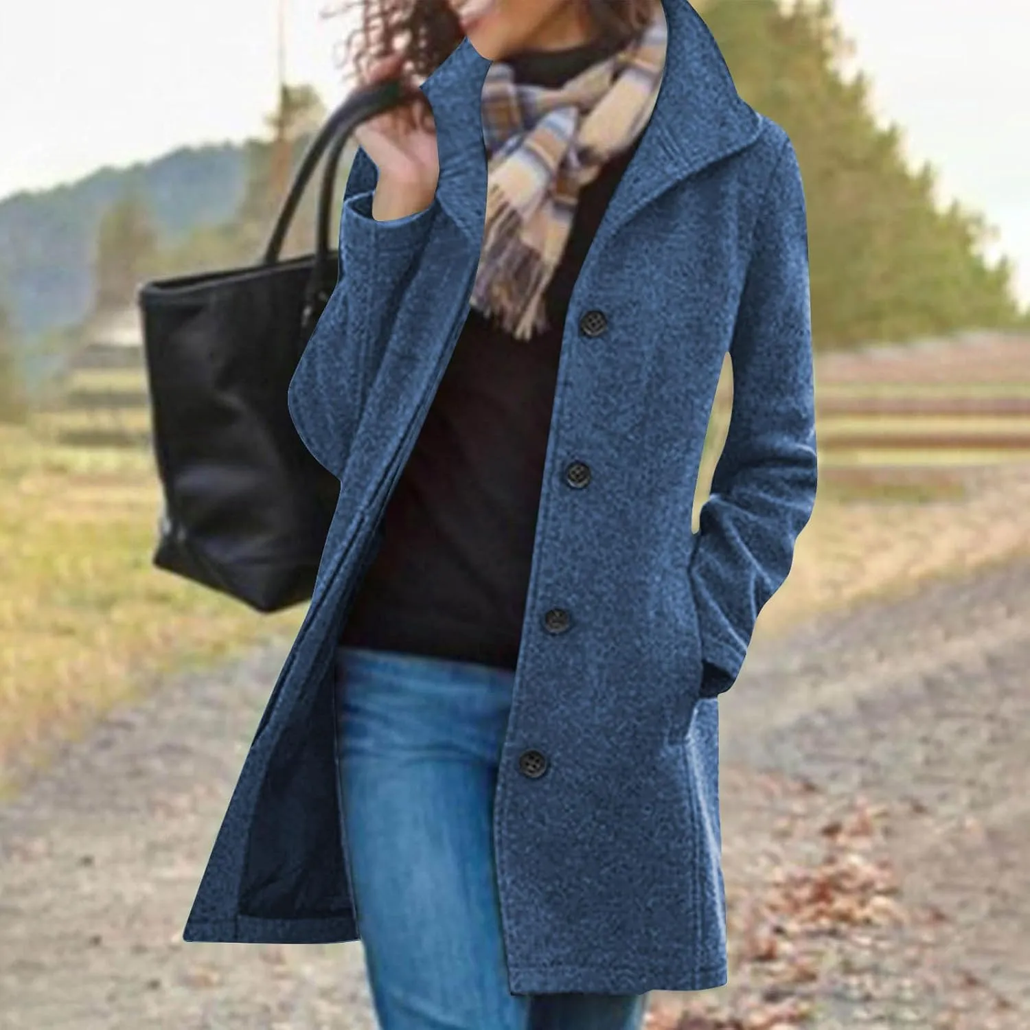 Women Winter Long Pea Coat Wool Blend Stand Collar Single Breast Thicken Blazer Jacket Casual Trench Coat Overcoats