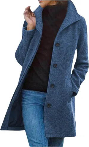 Women Winter Long Pea Coat Wool Blend Stand Collar Single Breast Thicken Blazer Jacket Casual Trench Coat Overcoats