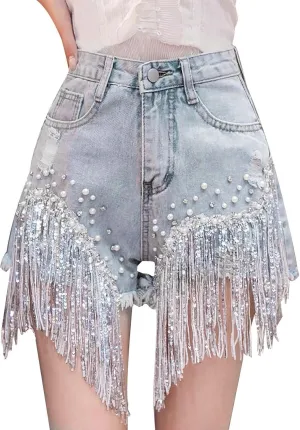 Women Y2K High Waist Ripped Rhinestone Pearl Beaded Fringe Tassel Denim Shorts Raw Hem Frayed Cute Comfy Jean Shorts