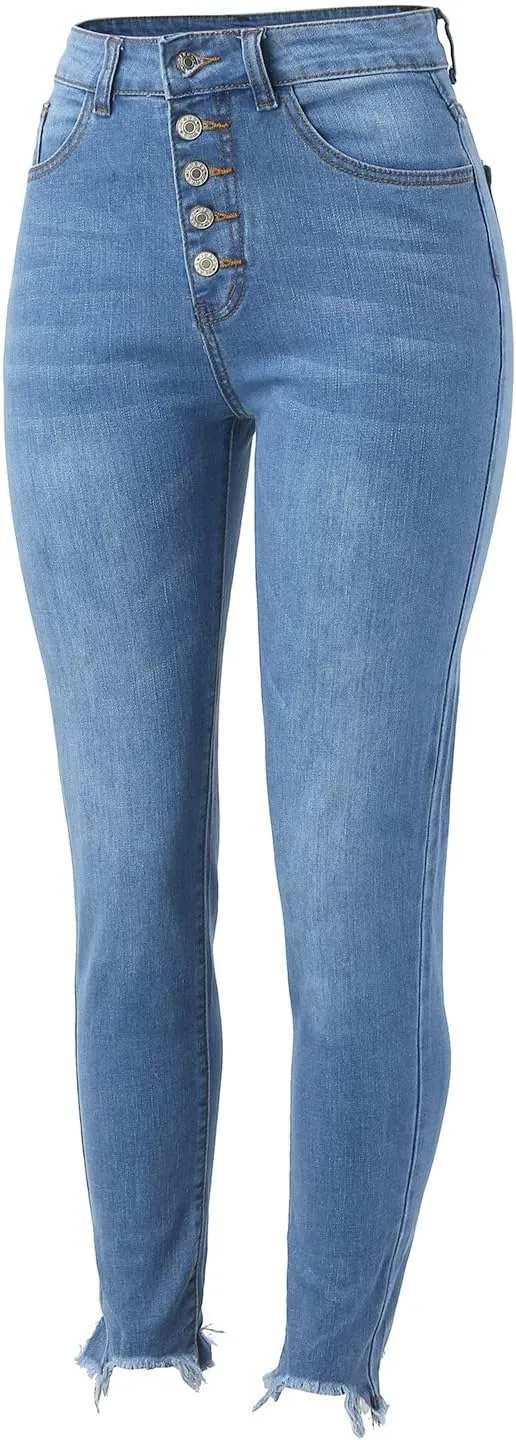 Womens Button Fly Jeans Skinny Stretchy Frayed Raw Hem Denim Pants High Waisted Straight Leg Mom Jeggings Jeans